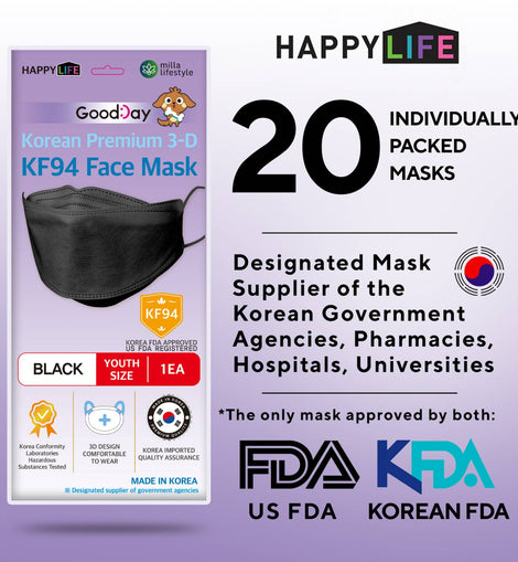 Happy Life Youth Black KF94 Face Mask 20 pcs