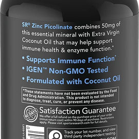 Sports Research Zinc Picolinate 50mg with Coconut Oil 60 Soft gels