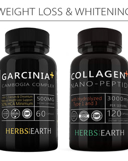 Weight Loss & Whitening Bundle - Collagen & Garcinia Cambogia Complex - 3000MG Nano Collagen and Garcinia Cambogia, Made in the USA, All-Natural, Anti-Aging, Fat Burner, Carb Blocker, 2 Bottles Combo