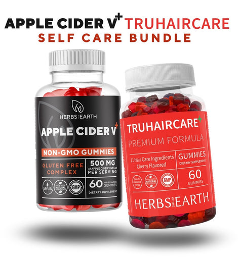 Apple Cider Vinegar 60 Gummies and TruHairCare 60 Cherry Flavored Gummies Hair Growth and Thickness Maximizer ACV Raw, Organic, NON-GMO, Unfiltered ACV with The Mother Self Care Bundle from Herbs of the Earth