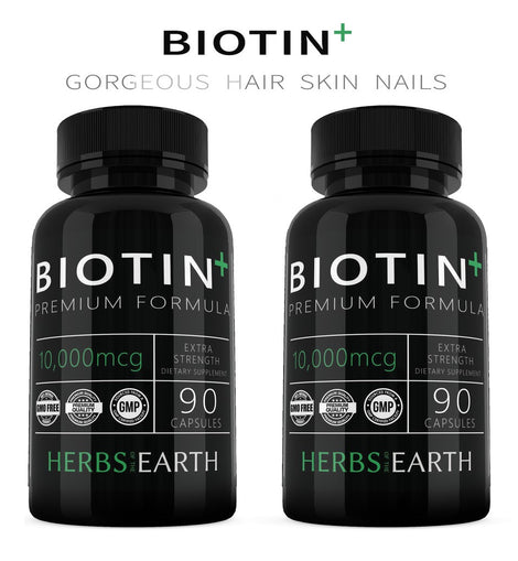 Biotin Combo 2 Bottles 10,000MCG Extra Strength  90 Veggie Capsules each  from Herbs of the Earth