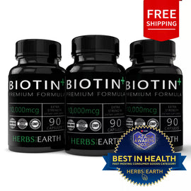 Biotin 10,000MCG Extra Strength, For Healthy Hair, Skin & Nails, Cells & Energy Production, 90 All Natural Veggie Capsules, NON-GMO - 3 Bottles Combo Herbs of the Earth