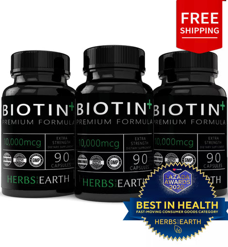 Biotin 10,000MCG Extra Strength, For Healthy Hair, Skin & Nails, Cells & Energy Production, 90 All Natural Veggie Capsules, NON-GMO - 3 Bottles Combo Herbs of the Earth