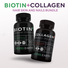 Biotin 10,000MCG 90 capsules and COLLAGEN + Nano Peptides Hydrolyzed Types 1 and 3 3000MG 120 capsules Hair Skin and Nails Bundle from Herbs of the Earth