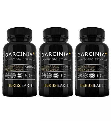 Garcinia Cambogia 3 Bottles Pure 50% HCA + Vit C + Calcium + Chromium, from Herbs of the Earth